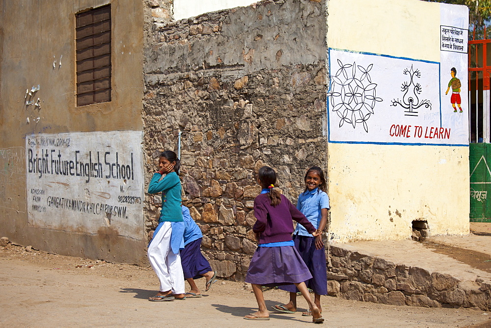 Indian schoolgirls in school uniform at Bright Future English School in Sawai Madhopur, Rajasthan, Northern India