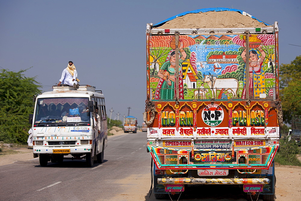 Road scene and decorated Tata truck at Rasulpura in  Sawai Madhopur, Rajasthan, Northern India