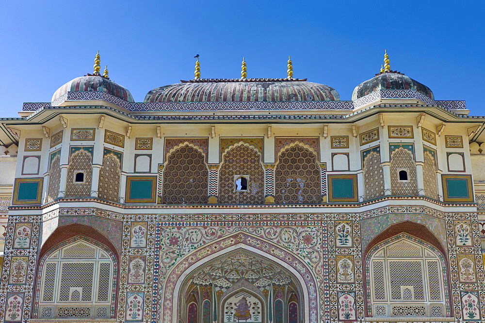 Islamic design of Ganesh Pol, Ganesh Gate, at The Amber Fort a Rajput fort built 16th Century in Jaipur, Rajasthan, Northern India