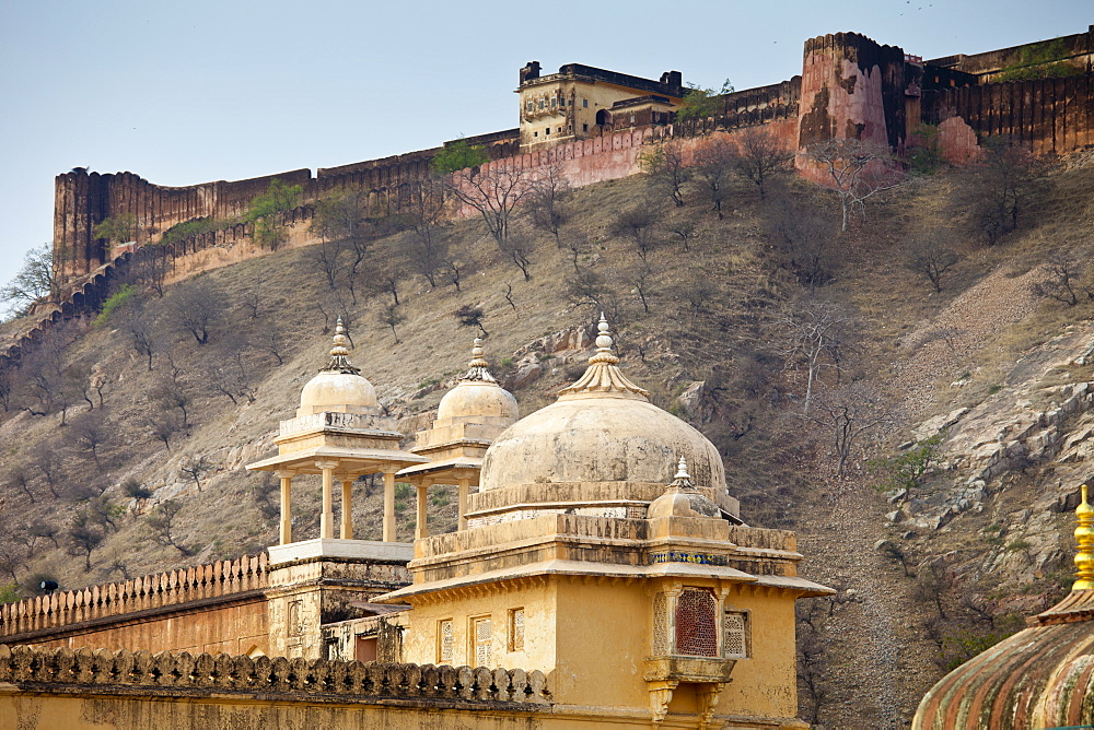 Chattri at The Amber Fort a Rajput fort built 16th Century in Jaipur with 11th Century Jaigarh Fort behind in Rajasthan, Northern India