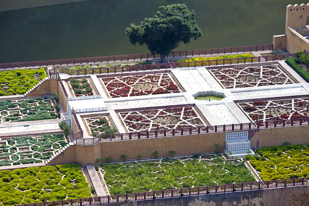 The geometric design of the Maharaja's Garden The Amber Fort in Jaipur, Rajasthan, Northern India