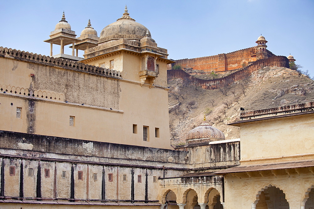 Chattri at The Amber Fort a Rajput fort built 16th Century in Jaipur with 11th Century Jaigarh Fort behind in Rajasthan, Northern India