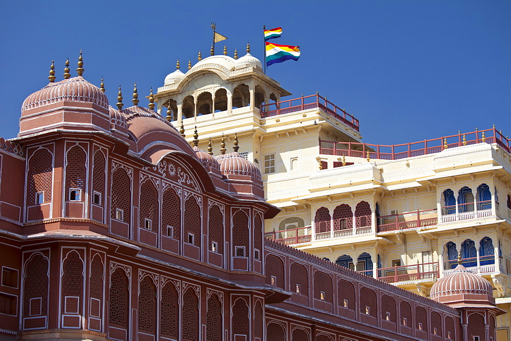 The harem Zenana Deorhi at The Maharaja of Jaipur's Moon Palace with flags indicating Maharaja in residence, in Jaipur, Rajasthan, India