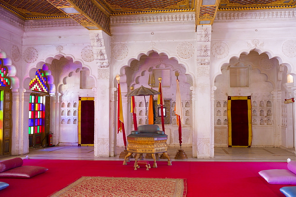 Moti Mahal, The Pearl Palace at Mehrangarh Fort 16th Century hall of public audience at Jodhpur in Rajasthan, Northern India