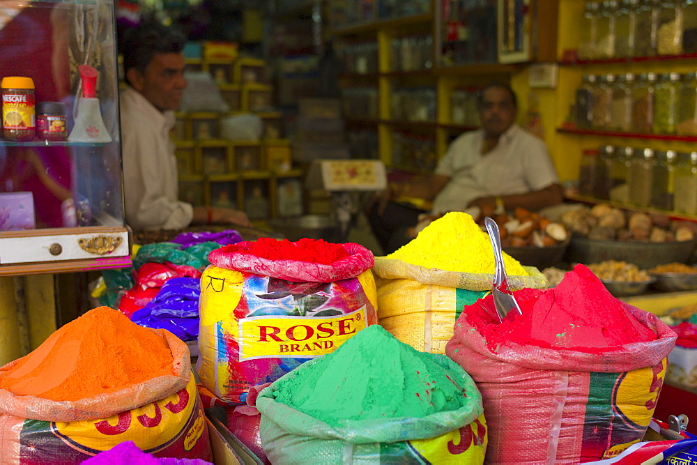 Powder paint colours for Holi festival on sale at Katala Bazar in Jodhpur Old Town, Rajasthan, Northern India