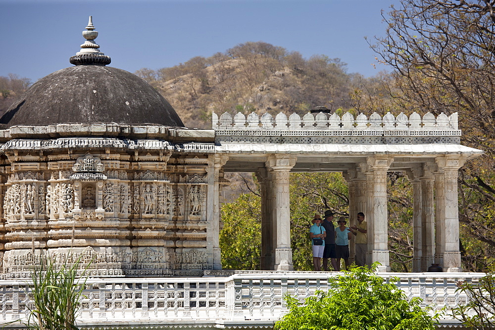 Tourists with tour guide at The Ranakpur Jain Temple at Desuri Tehsil in Pali District of Rajasthan, Western India