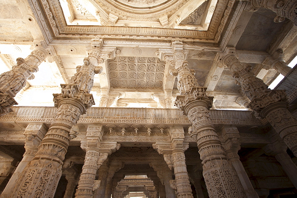 White marble pillars and ceiling at The Ranakpur Jain Temple at Desuri Tehsil in Pali District of Rajasthan, Western India