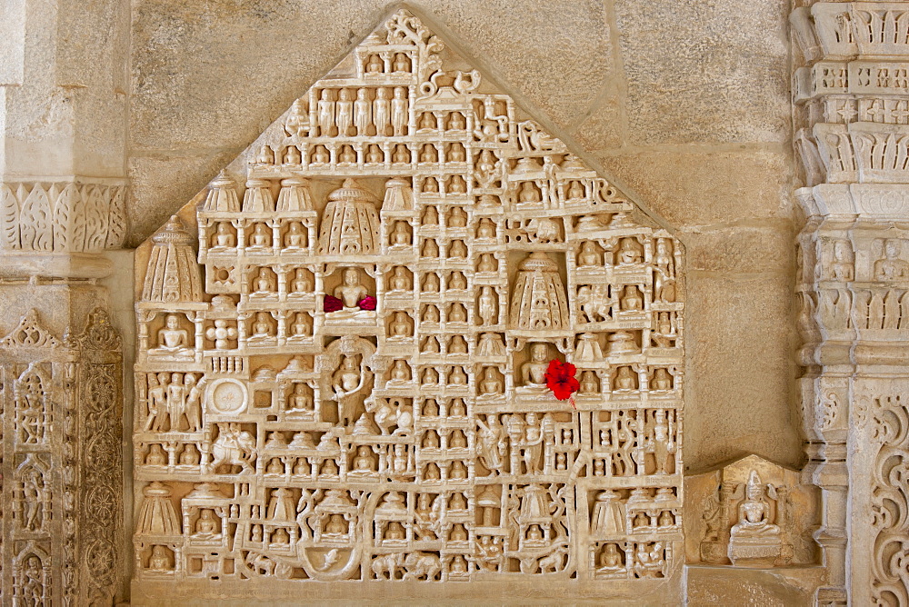 White marble religious icon carvings at The Ranakpur Jain Temple at Desuri Tehsil in Pali District of Rajasthan, India