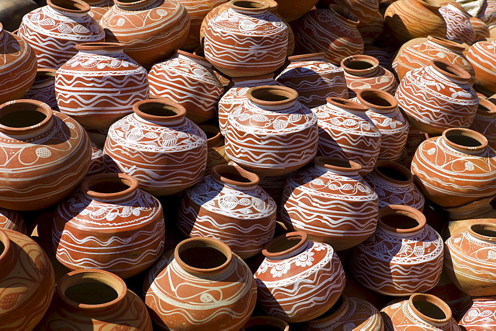 Clay water pots on sale in old town Udaipur, Rajasthan, Western India,