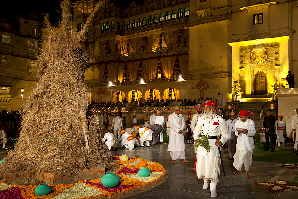 Shriji Arvind Singh Mewar of Udaipur, 76th Custodian of the House of Mewar, presides at annual Hindu Holi Fire Festival at The Zenana Mahal in the City Palace, Udaipur, Rajasthan, India.