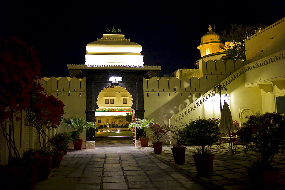 The Shiv Niwas Palace Hotel courtyard and fountain, part of HRH Hotels Group, in the City Palace Complex in Udaipur, Rajasthan, India