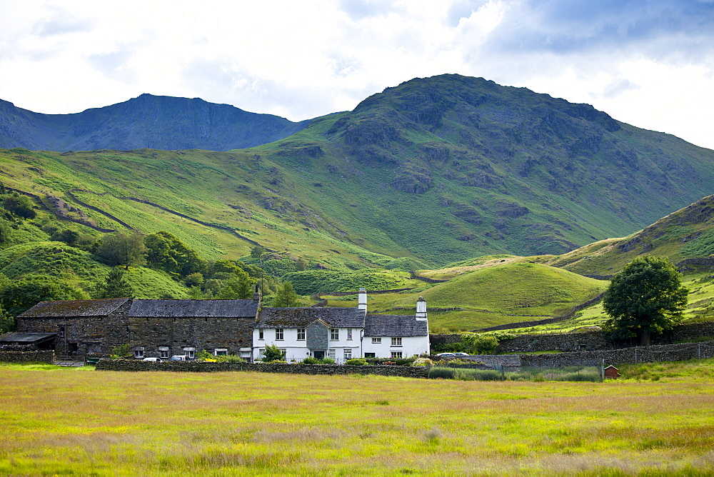 Fell Foot Farm in Little Langdale Valley at Langdale Pass surrounded by Langdale Pikes in the Lake District National Park, Cumbria, UK