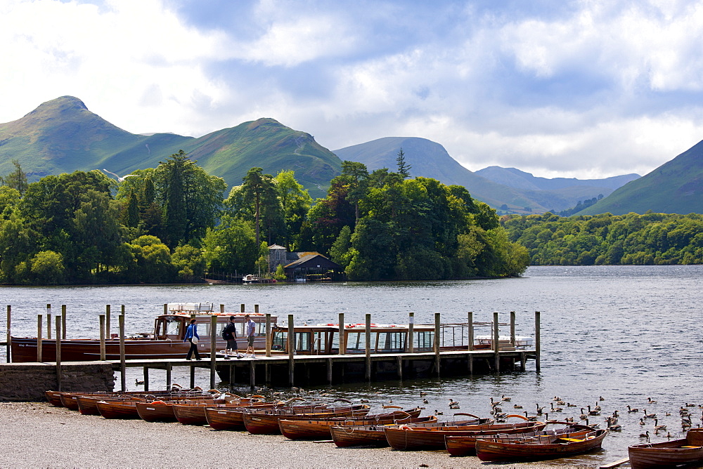 Wooden rowing boats on Derwent Water near Keswick in the Lake District National Park, Cumbria, UK