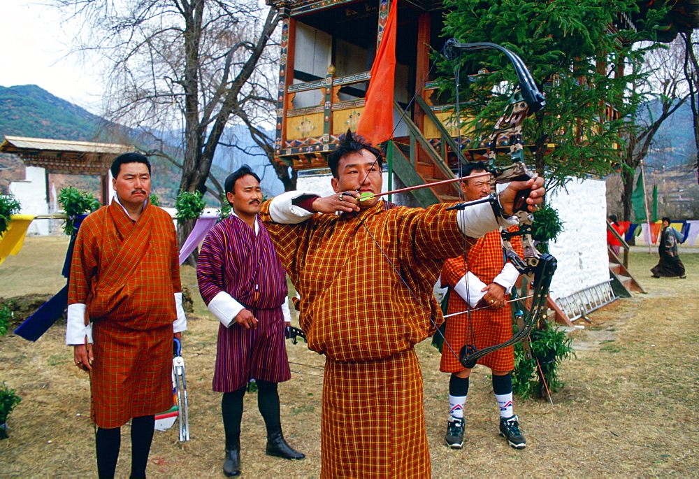 Archers competing at archery festival in Paro, Bhutan