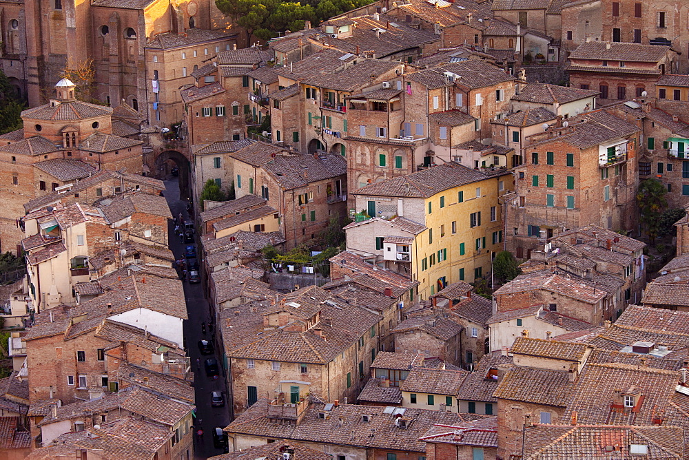 Aerial view of Siena from Il Torre, clock tower, in Piazza del Campo, Siena, Italy