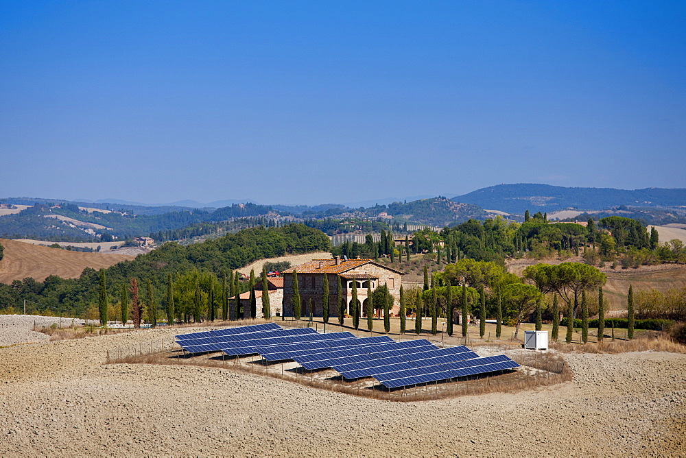 Solar panels at old restored farmhouse at Murlo in Tuscany, Italy