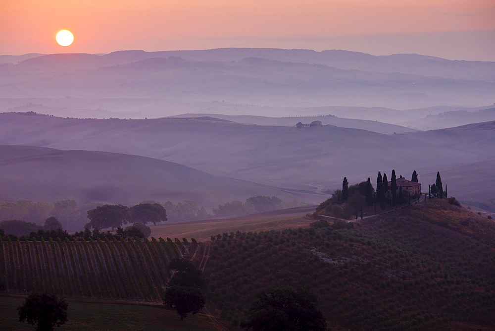 Typical Tuscan homestead, Il Belvedere, and landscape at San Quirico d'Orcia in Val D'Orcia, Tuscany, Italy