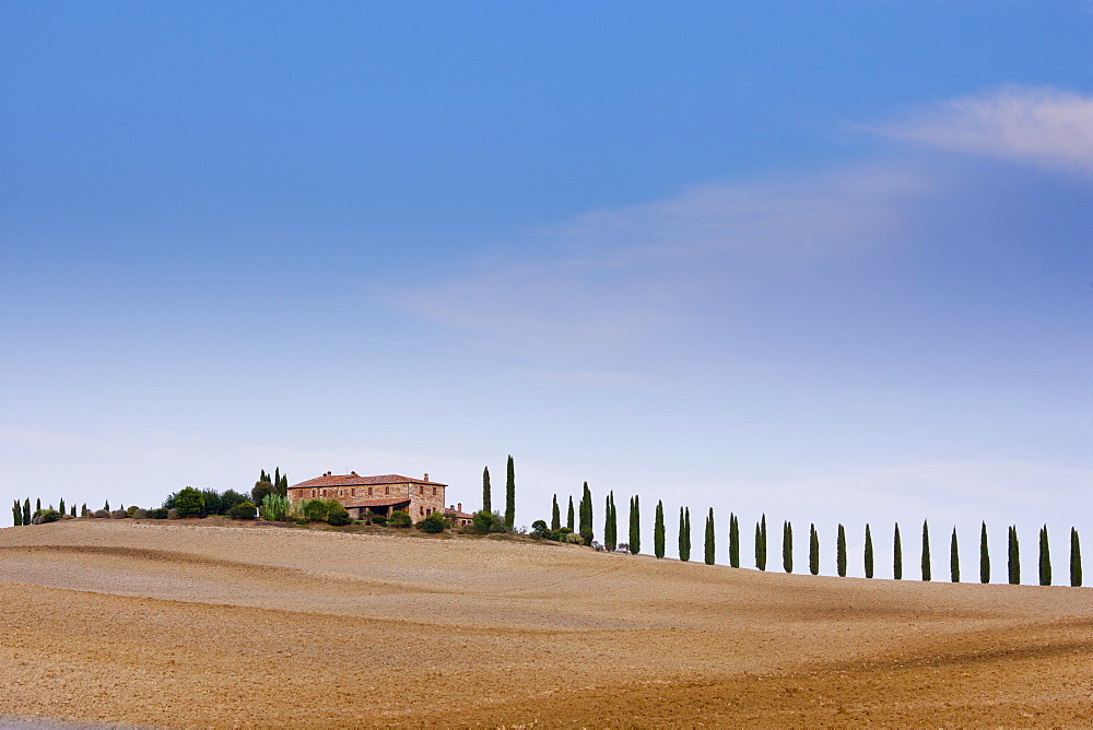 Typical Tuscan farmhouse and landscape in Val D'Orcia, Tuscany, Italy