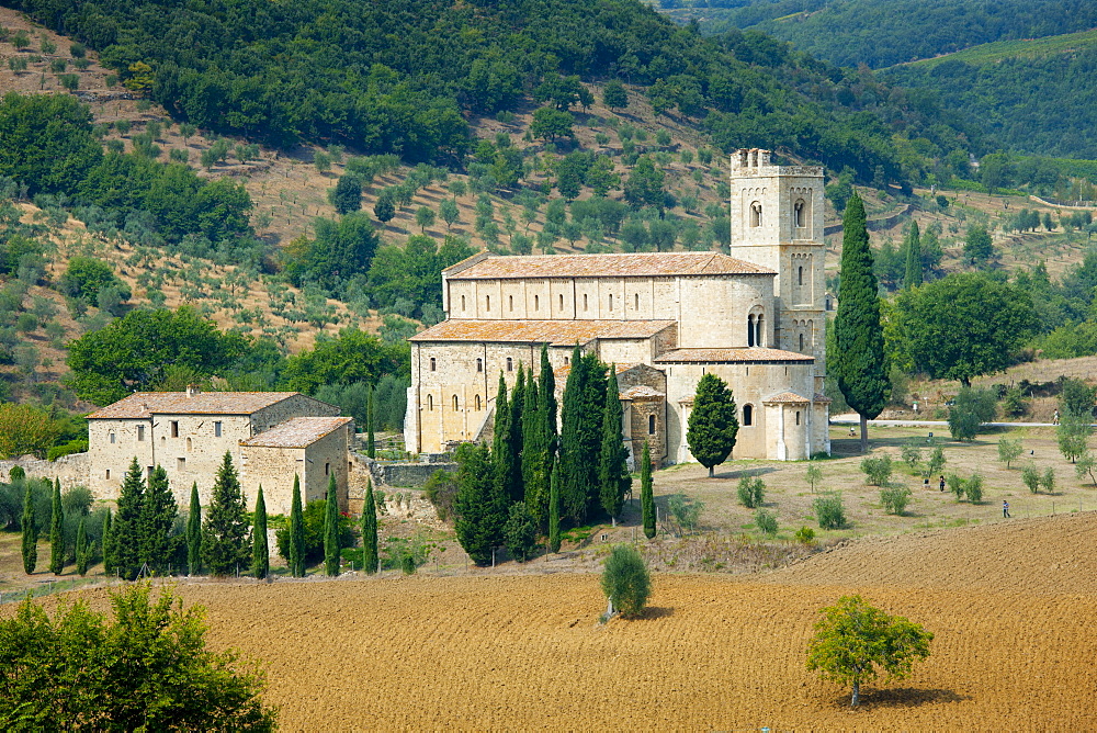 The ancient Abbey of Saint Antimo, Abbazia Sant'Antimo, near Montalcino, Val D'Orcia, Tuscany, Italy