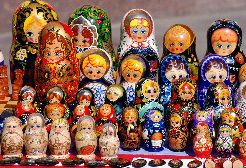 Russian Babushka dolls on display in a market in St Petersburg, Russia