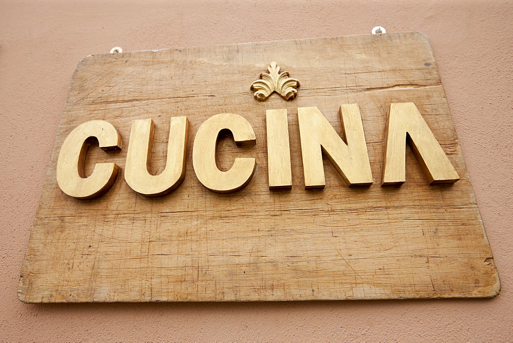 Cucina kitchen sign in Piazza Bucciarelli, Panzano-in-Chianti, Tuscany, Italy