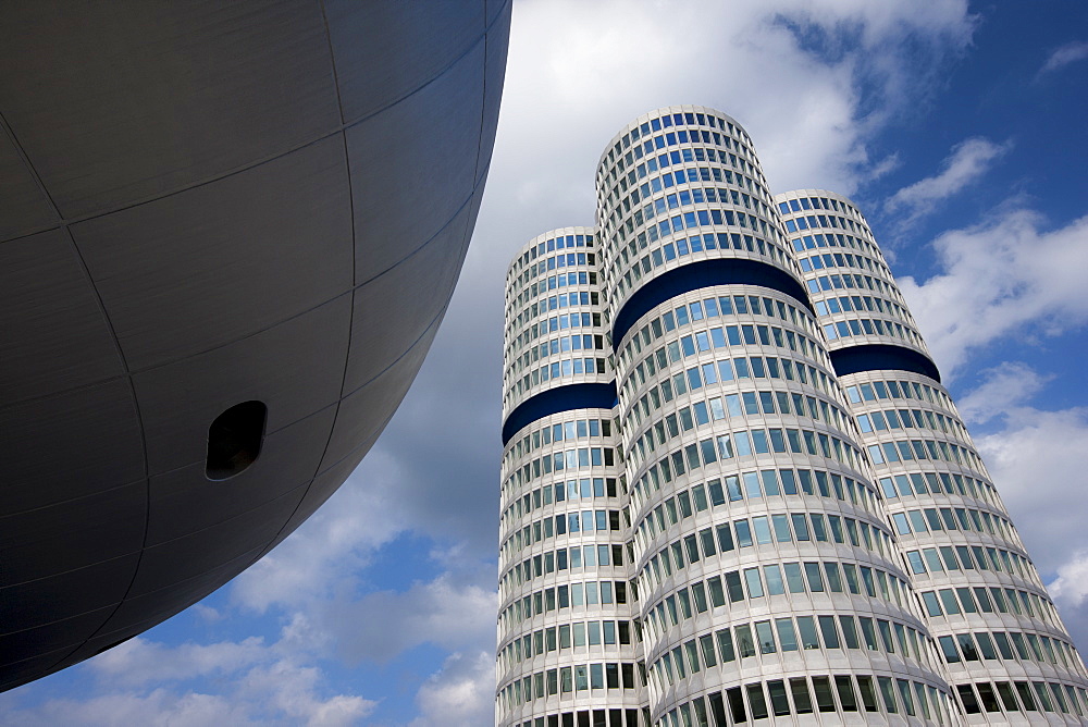 Modern architecture at the BMW Headquarters office blocks and Museum in Munich, Bavaria, Germany