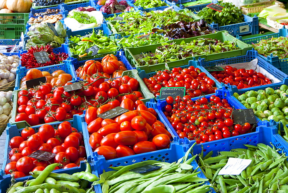 Fresh vegetables on sale at Viktualienmarkt food market in Munich, Bavaria, Germany