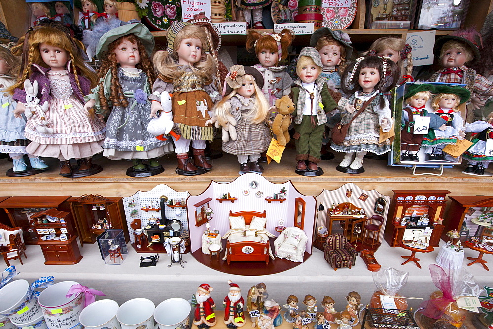 Toy shop window with dolls and traditional goods in Berchtesgaden in Baden-Wurttenberg, Bavaria, Germany