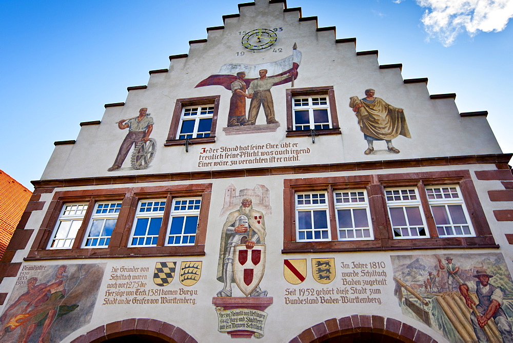 The Rathaus town hall with murals and crests in Schiltach in Bavaria, Germany