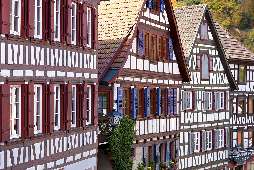 Windows and wooden shutters of quaint timber-framed houses in Schiltach in the Bavarian Alps, Germany