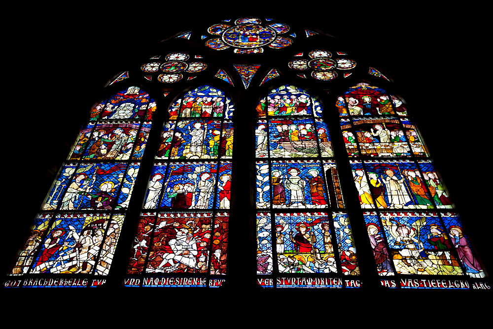 Stained glass window in The Cathedral of Notre Dame, Our Lady,  at Strasbourg, Alsace, France