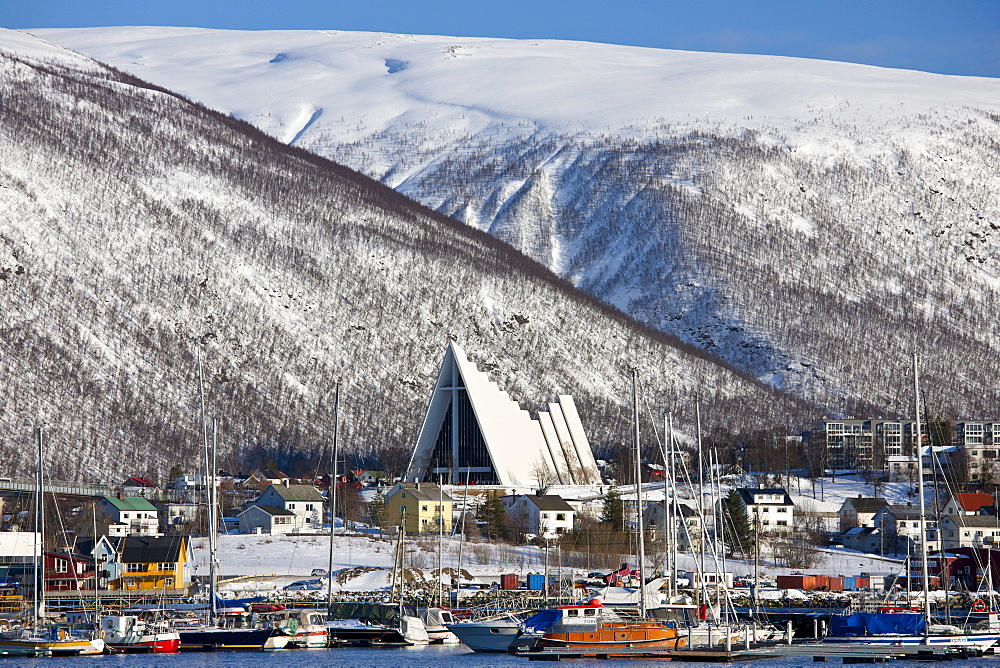 The Arctic Cathedral, Lutheran christian known as Tromsdalen Church, built 1965 architect Jan Inge Hovig at Tromso, Norway