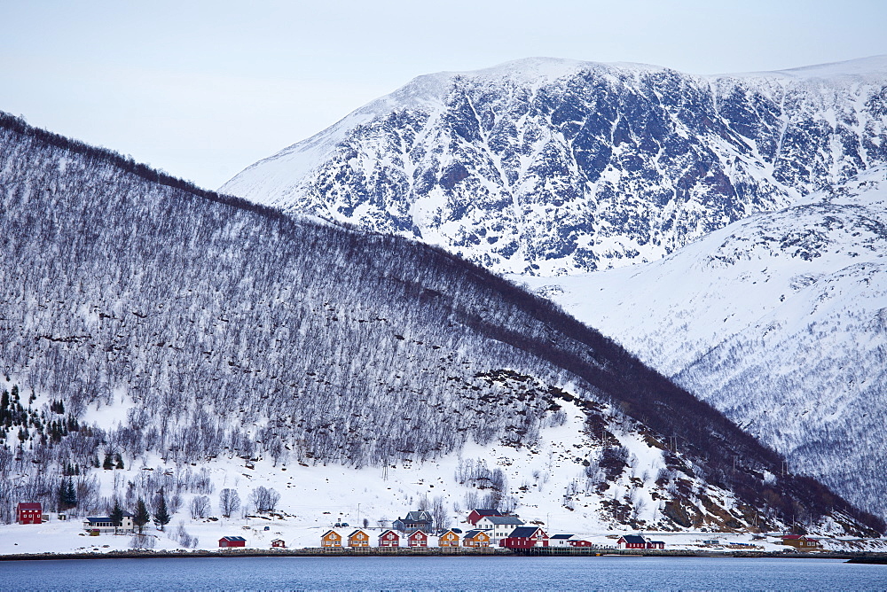 Homes and fishing huts  in hamlet across fjord from Sandneshamnvegen 862 on Kvaloya Island, Tromso, Arctic Circle, Northern Norway