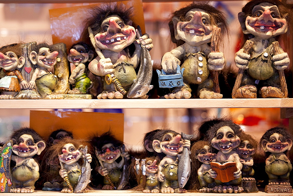 Traditional trolls on display in Tromso Gift and Souvenir Shop in Strandgata in Tromso, Norway