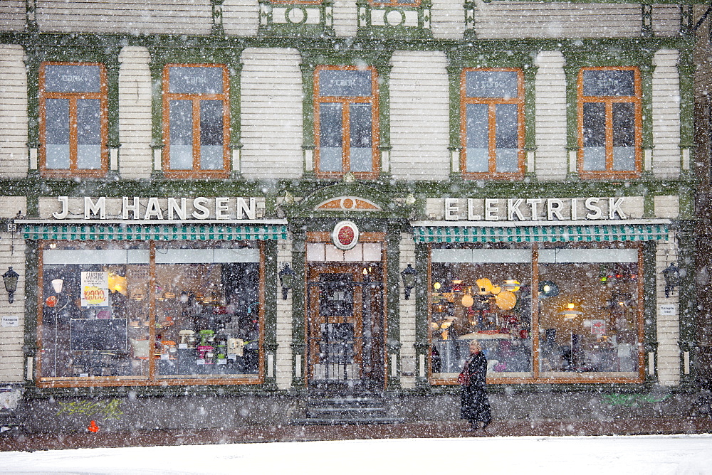 Quaint JM Hansen electrical shop, street scenes around the city of Tromso, in the Arctic Circle in Northern Norway