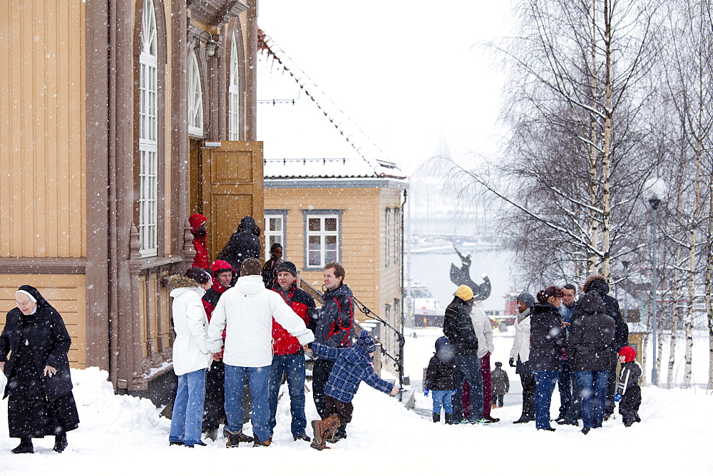 Locals attend Sunday Mass at Catholic Church of Our Lady in Storgata,Tromso within the Arctic Circle in Northern Norway