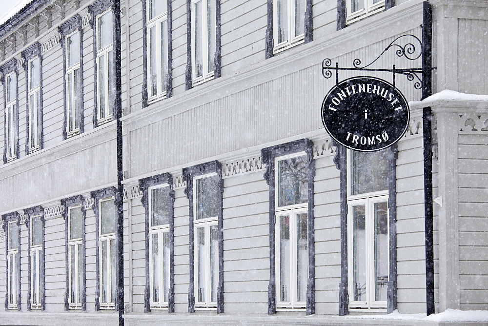 Traditional architecture, Fontenehuset, in Skolegata in city of Tromso, in the Arctic Circle in Northern Norway