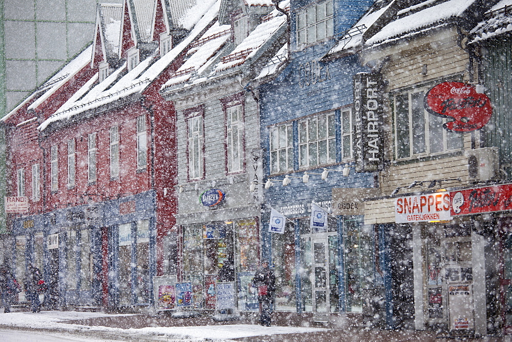 Shop fronts and street scene in the city of Tromso, in the Arctic Circle in Northern Norway