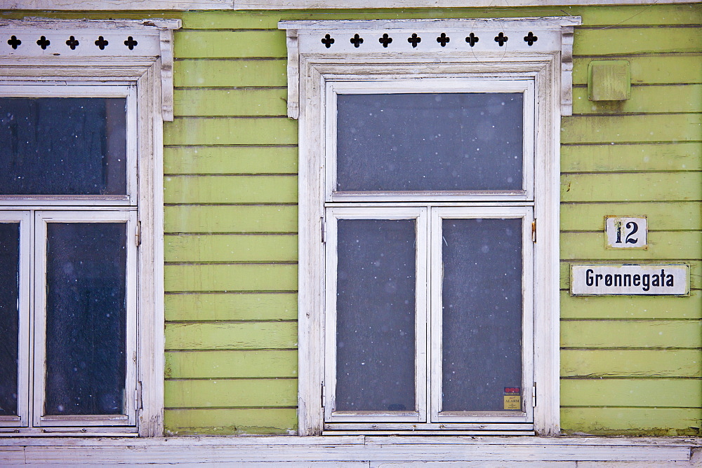 Traditional architecture wooden building along Gronnegata in city of Tromso, in the Arctic Circle in Northern Norway