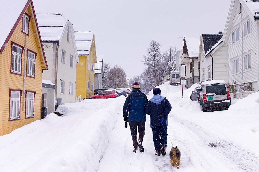 Street scene of couple walking their dog in Tromsoya, Tromso,  Arctic Circle in Northern Norway