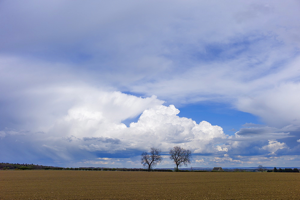 Cloud formation Towering Cumulus (centre) Cumulonimbus (left) and Cirrus at high altitude (right) at Swinbrook in the Cotswolds, UK