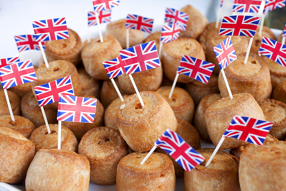 Union Jack flags on pork pies as patriotic gesture for jubilee street party celebrations in the UK