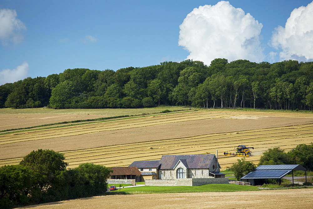 Combine harvester at work in a crop field on Salisbury Plain in Wiltshire, UK