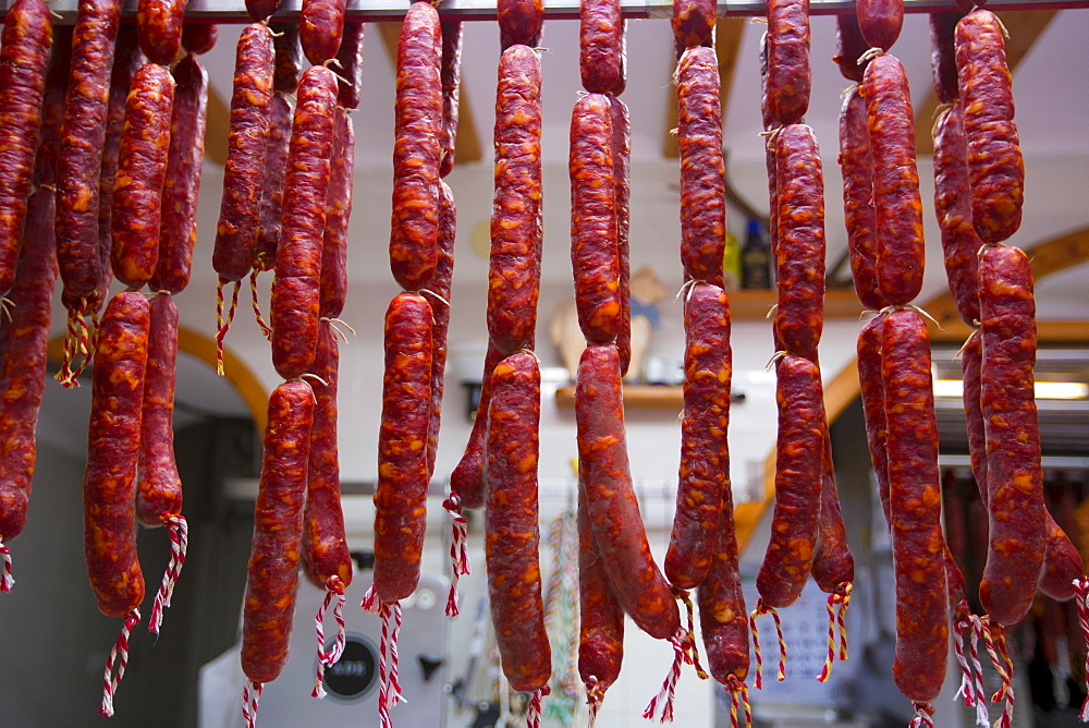 Shop selling artisan food and chorizo cured meat in Calle Major in town of Laguardia, Rioja-Alavesa, Basque country, Spain