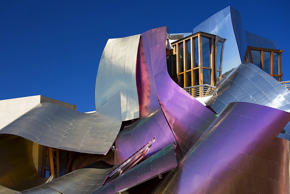 Hotel Marques de Riscal Bodega, futuristic design by architect Frank O Gehry, at Elciego in Rioja-Alavesa area of Spain