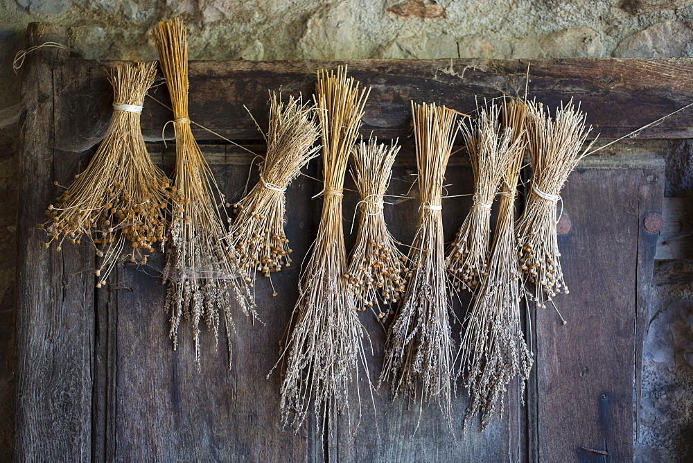 Traditional Basque doorway dried lavender, grasses old oak door in Biskaia Basque region, Spain