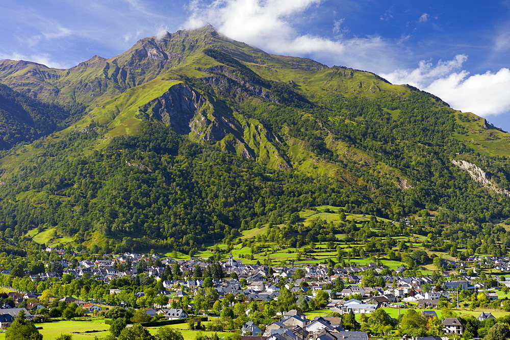 Ski resort town of Laruns in valley of the Pyrenees National Park, France