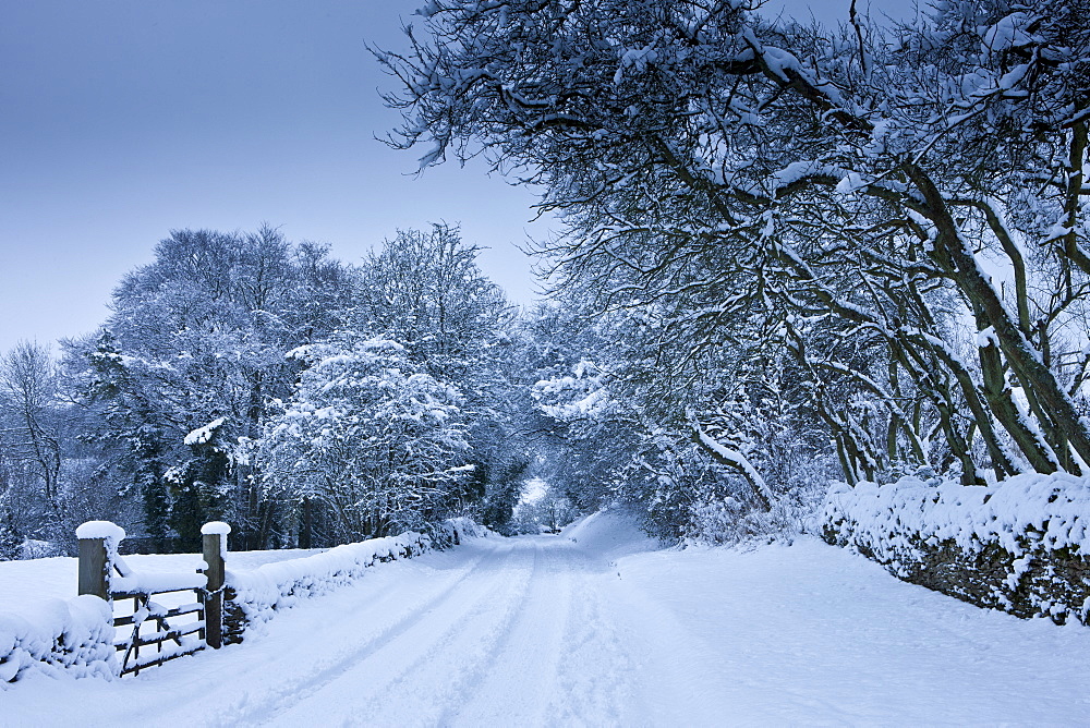 Traditional snow scene in a country lane in The Cotswolds, Swinbrook, Oxfordshire, United Kingdom