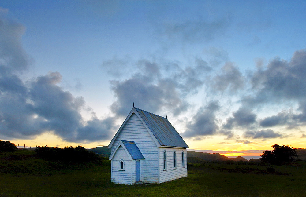 Small Baptist chapel in a meadow near Pollok, North Island, New Zealand