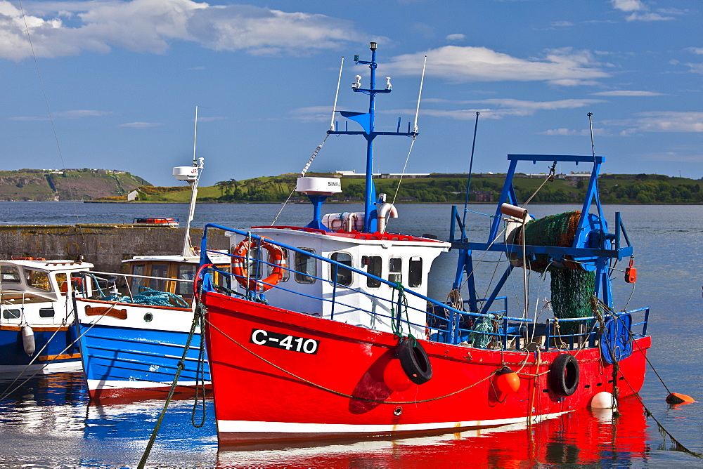 Popular as a tourist destination Cobh harbour with brightly coloured fishing boats in County Cork, Ireland